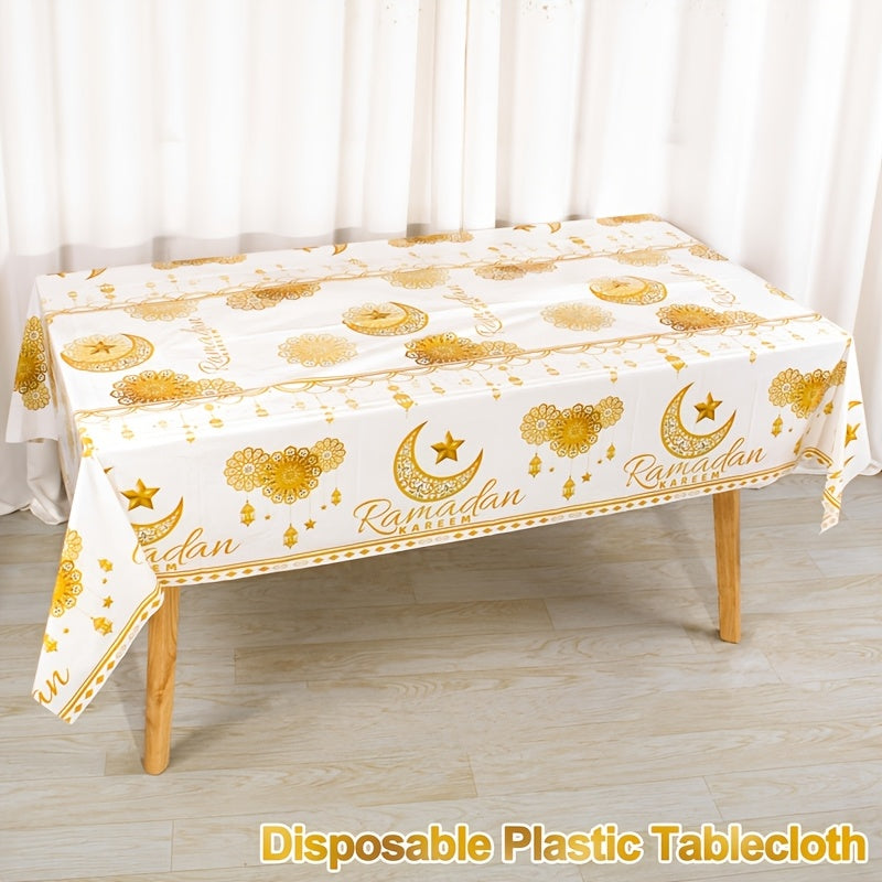 1pc White & Golden Ramadan Kareem Disposable Plastic Tablecloth, 130x220cm, featuring Moon, Lantern, & Star pattern. Ideal for Islamic Muslim parties, Eid Al Adha & home celebrations.