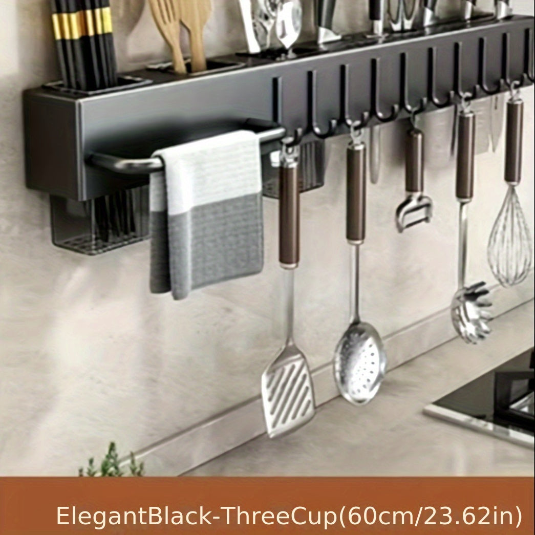 This multi-functional knife storage rack is made of high-quality premium carbon steel and does not require punching for installation. It can store kitchen knives, forks, spoons, woks, spatulas, rags, and chopsticks in one place with dry and wet