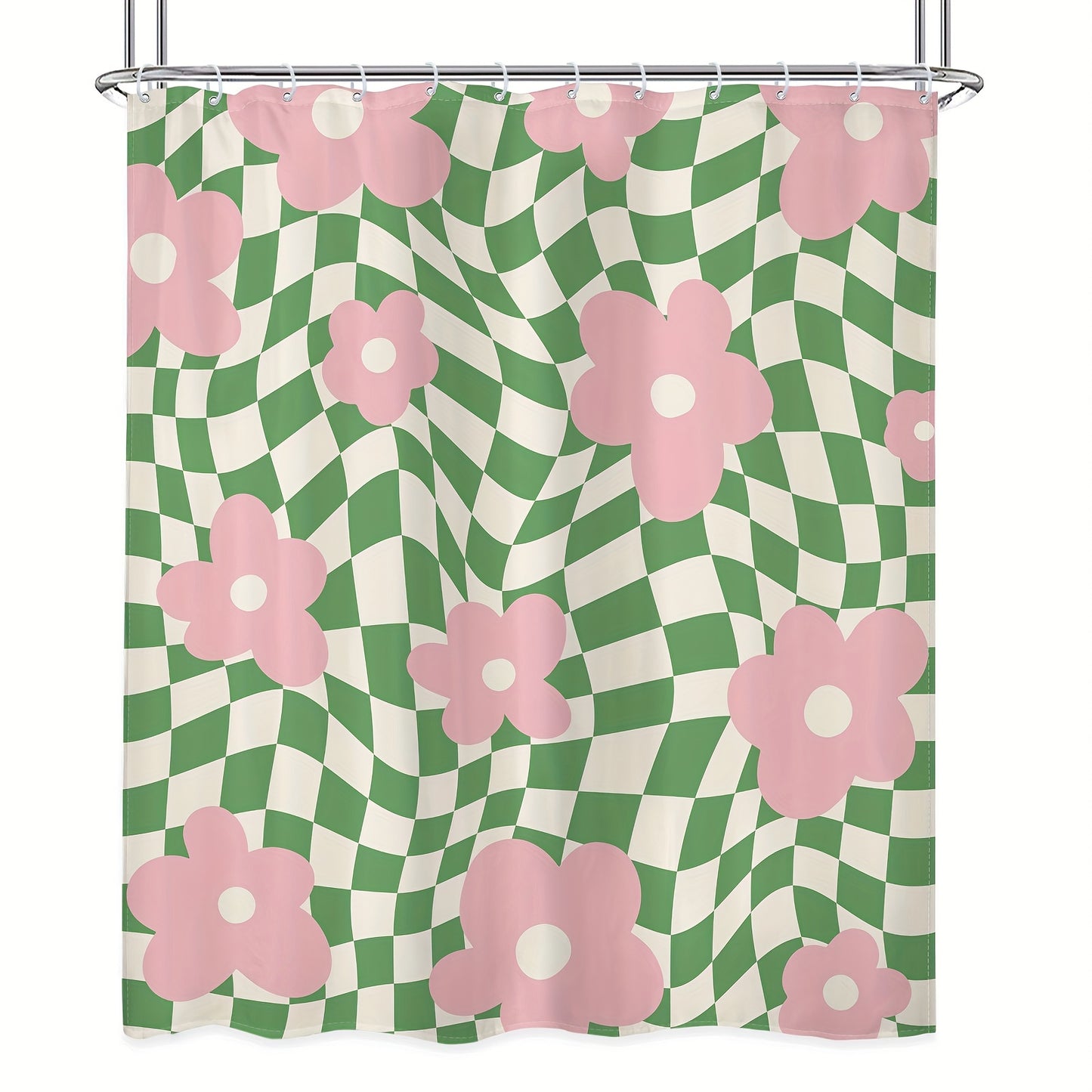 Waterproof polyester shower curtain with pink and green floral checkered design. 152.4x182.88 cm, includes hooks, machine washable. Ideal for teen bathroom decor. Provides shower privacy and vibrant bathroom decor. Easy to install.