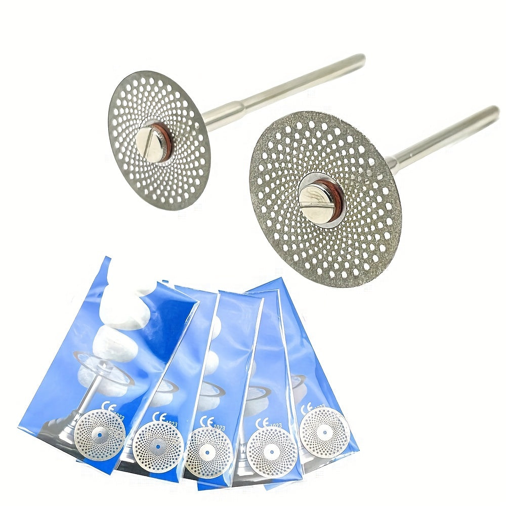 Five dual-sided diamond cutting discs for dental labs, in silver or golden, for high precision grinding and polishing.