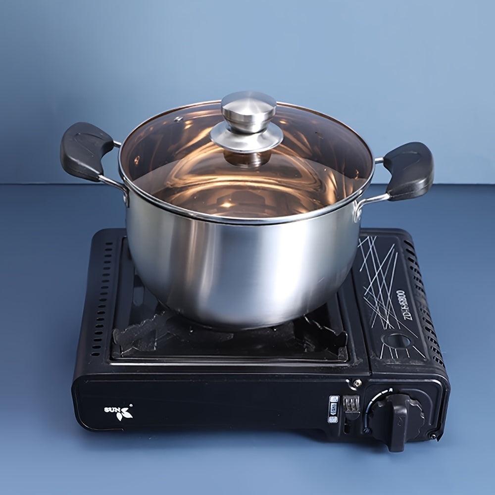 Soup pot with lid made of stainless steel - featuring dual handles, compatible with induction cooktops, and safe to use in the dishwasher for home kitchen cooking.