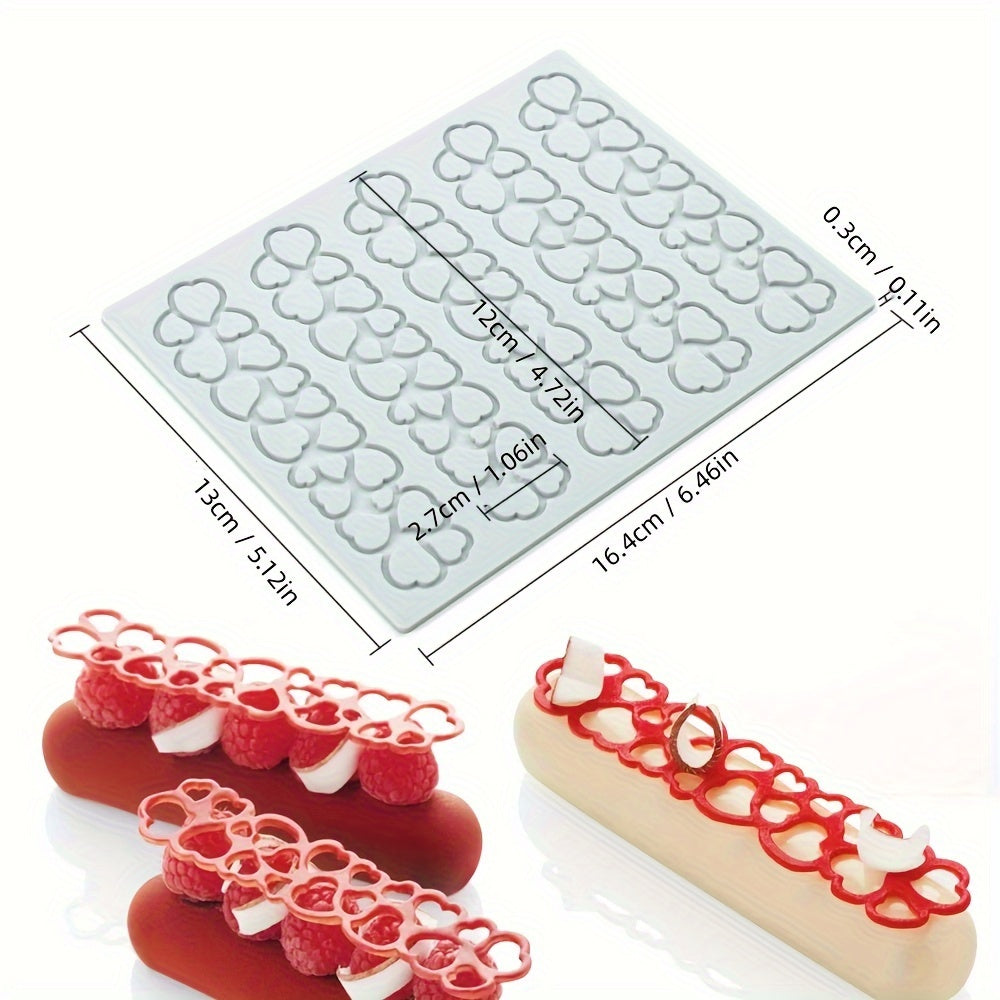 Silicone cake lace mat featuring elegant heart and bubble leaf designs, ideal for decorating Western pastries and chocolates. This food-safe baking mold is perfect for both home and professional use.