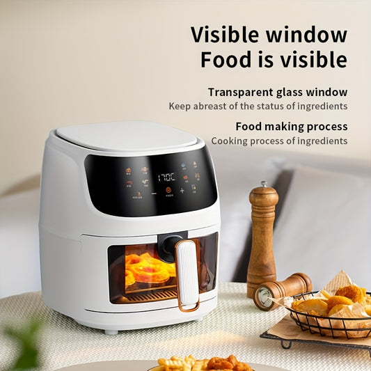 Visual air fryer with color touch screen, perfect for fries, chicken, and steak, with multiple functions for home use.