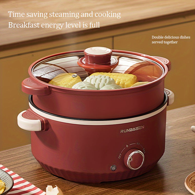 Electric cooking pot with a large capacity for home or car use, featuring a multi-functional design that combines a cooking pot, stir-fry pot, and steamer. Perfect for dormitories, this non-stick integrated pot can be used for various cooking needs.