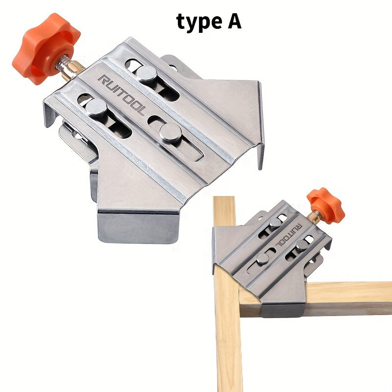 Stainless steel corner clamp for woodworking, with adjustable positioning and durable plastic components.