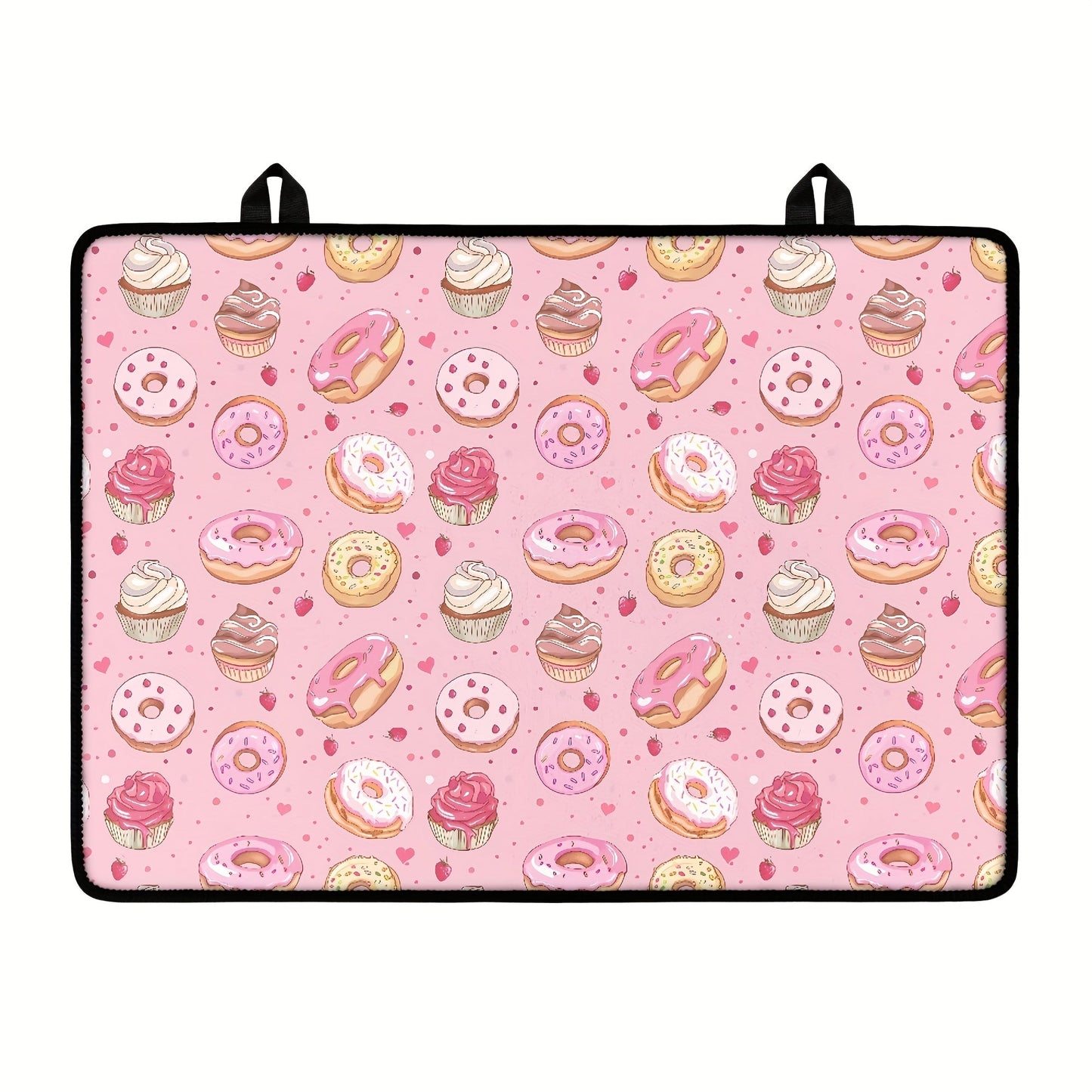 Heat-resistant stovetop cover featuring a fun donut pattern made of durable polyester. This non-slip cooktop protector mat is safe for glass ceramic stovetops and also doubles as a rubber anti-scratch ironing pad. A versatile kitchen accessory that adds