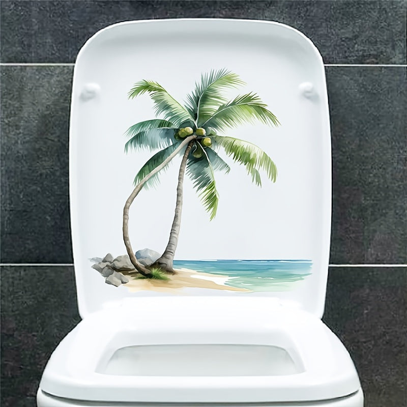 Waterproof bathroom decal featuring an ocean coconut tree design, self-adhesive with matte finish for home decor.