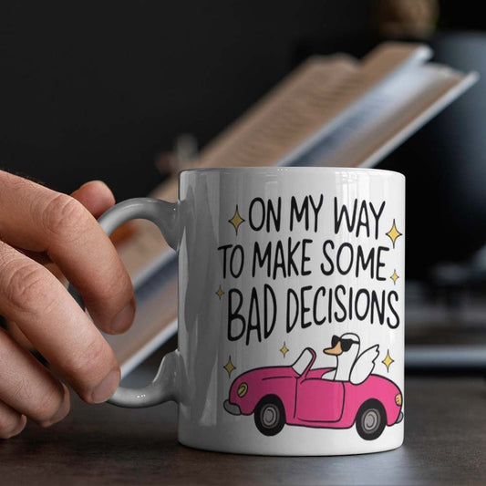 11oz Ceramic Mug with Humorous Quote "Make Some Bad Decisions" - Perfect for Office, Dining, Camping - Food-Safe and No Electricity Required - Great Gift Idea for Fun-Loving Individuals