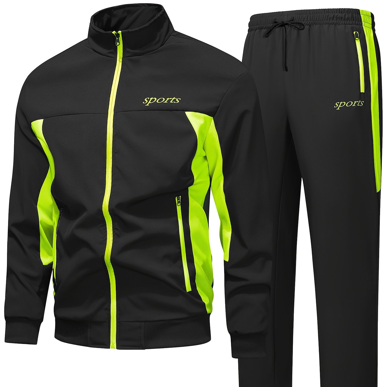 Men's Polyester Sports Tracksuit Set with Collared Neck. Includes Full-Zip Jacket and Sweatpants with Pockets and Patchwork Design. Made with Slight Stretch Fabric for Spring/Fall. Regular