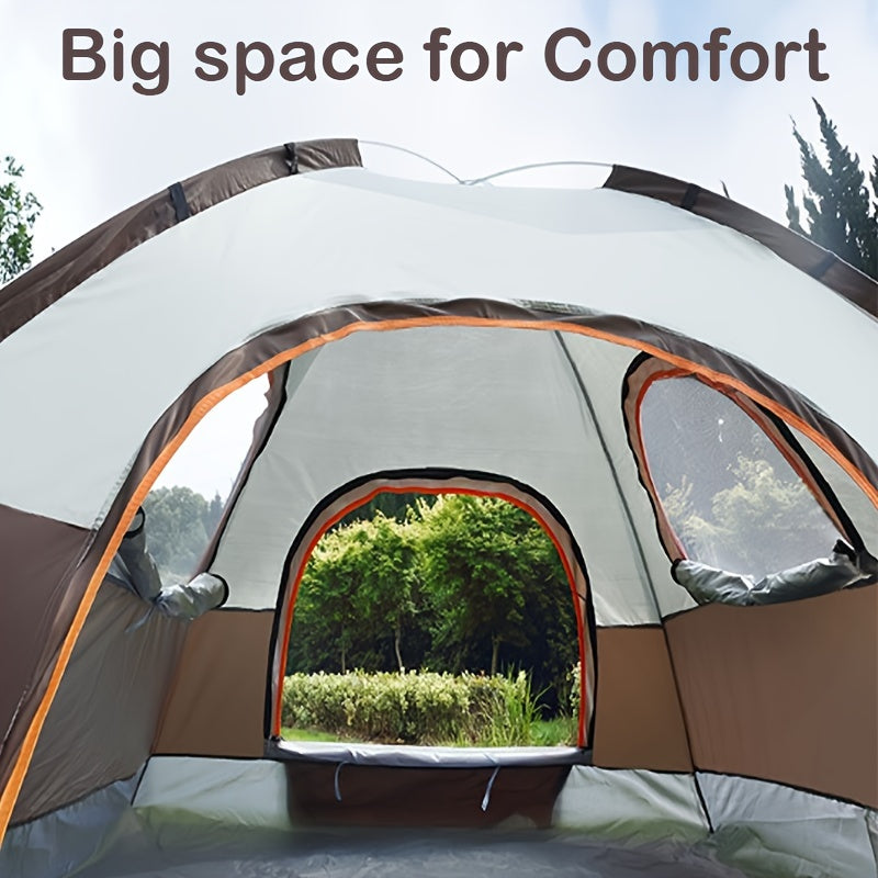 Portable camping tent with sun protection, dual doors, and windows for ventilation, made of durable polyester fabric for family outdoor adventures.