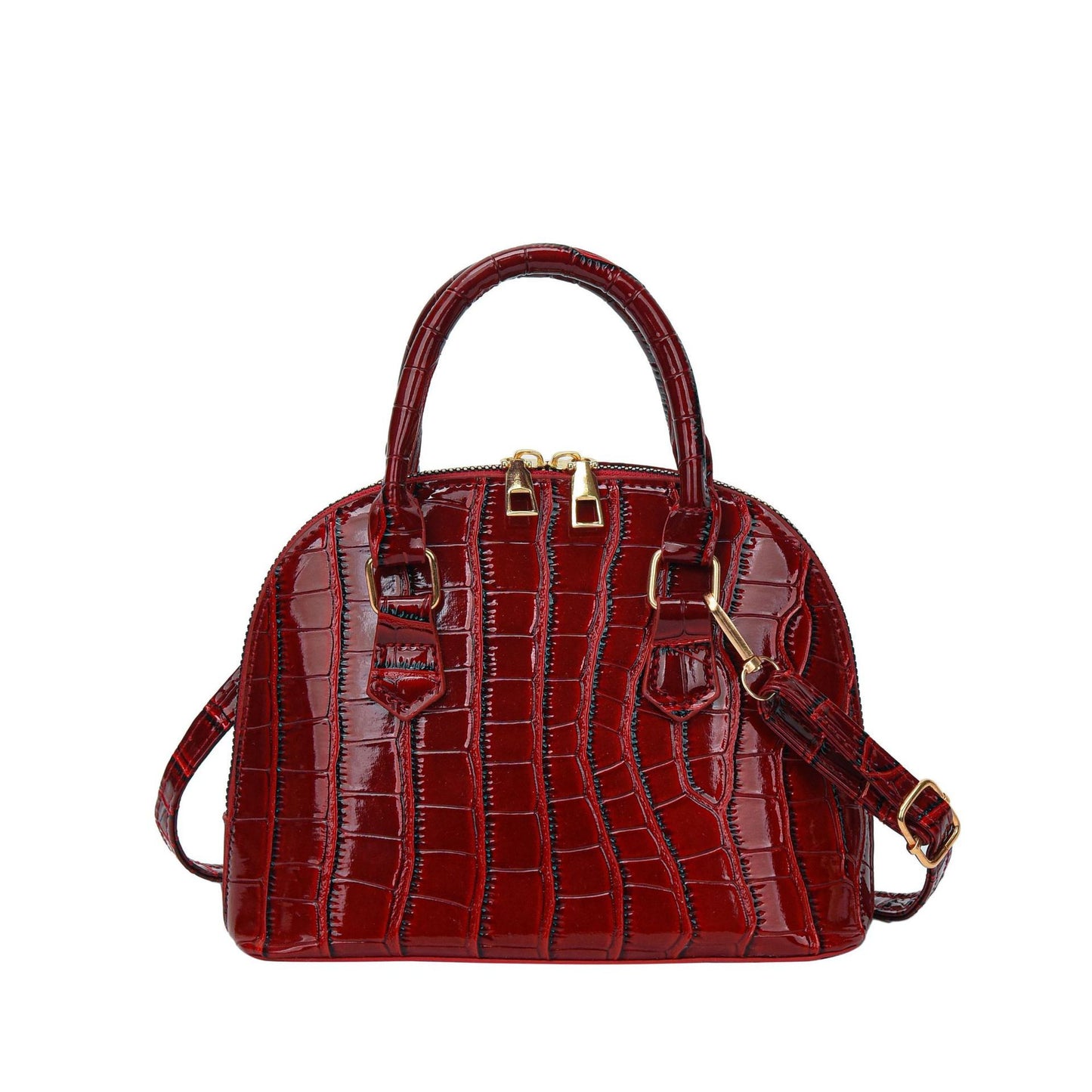 Crocodile pattern shell handbag in white/black/burgundy with removable strap, zipper closure, and unlined interior. Casual and versatile, small square shoulder bag.