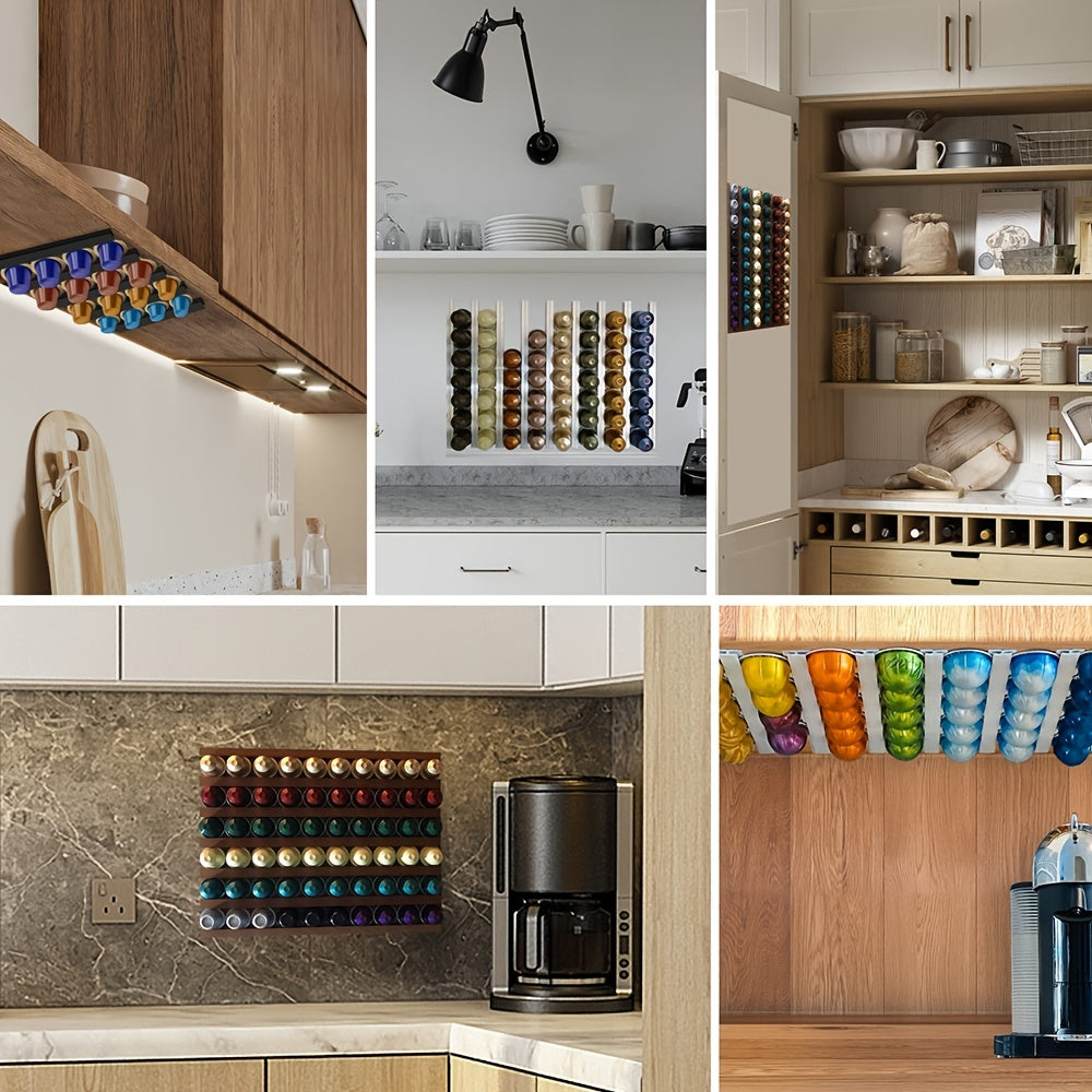 Coffee bar accessories including a 1pc Coffee Capsule Holder compatible with K-Cup, Nespresso Original, Dolce Gusto, Vertuoline, Lavazza Coffee Pods. Shelf Capsule Storage Racks also included.