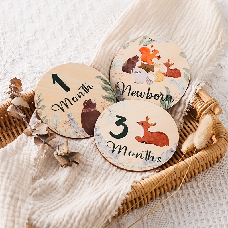 Wooden Milestone Coasters featuring Forest Animals - Perfect for Capturing Growth Month Photos and Creating Lasting Memories in Baby's First Year