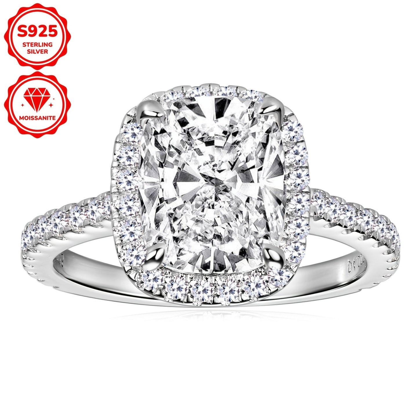 Elegant 4CT Moissanite Engagement Ring - US10 Size, VVS1 Clarity, D-E Color, 925 Sterling Silver with Halo Diamond Setting & Cubic Zirconia Side Stones, High-Polished, Ideal for Weddings & Anniversaries.