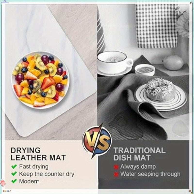 Kitchen countertop mat made of non-slip rubber, featuring durable tech cloth for the dish drainer pad. Easy to clean and water absorbent. Suitable for kitchen use; hand wash only.