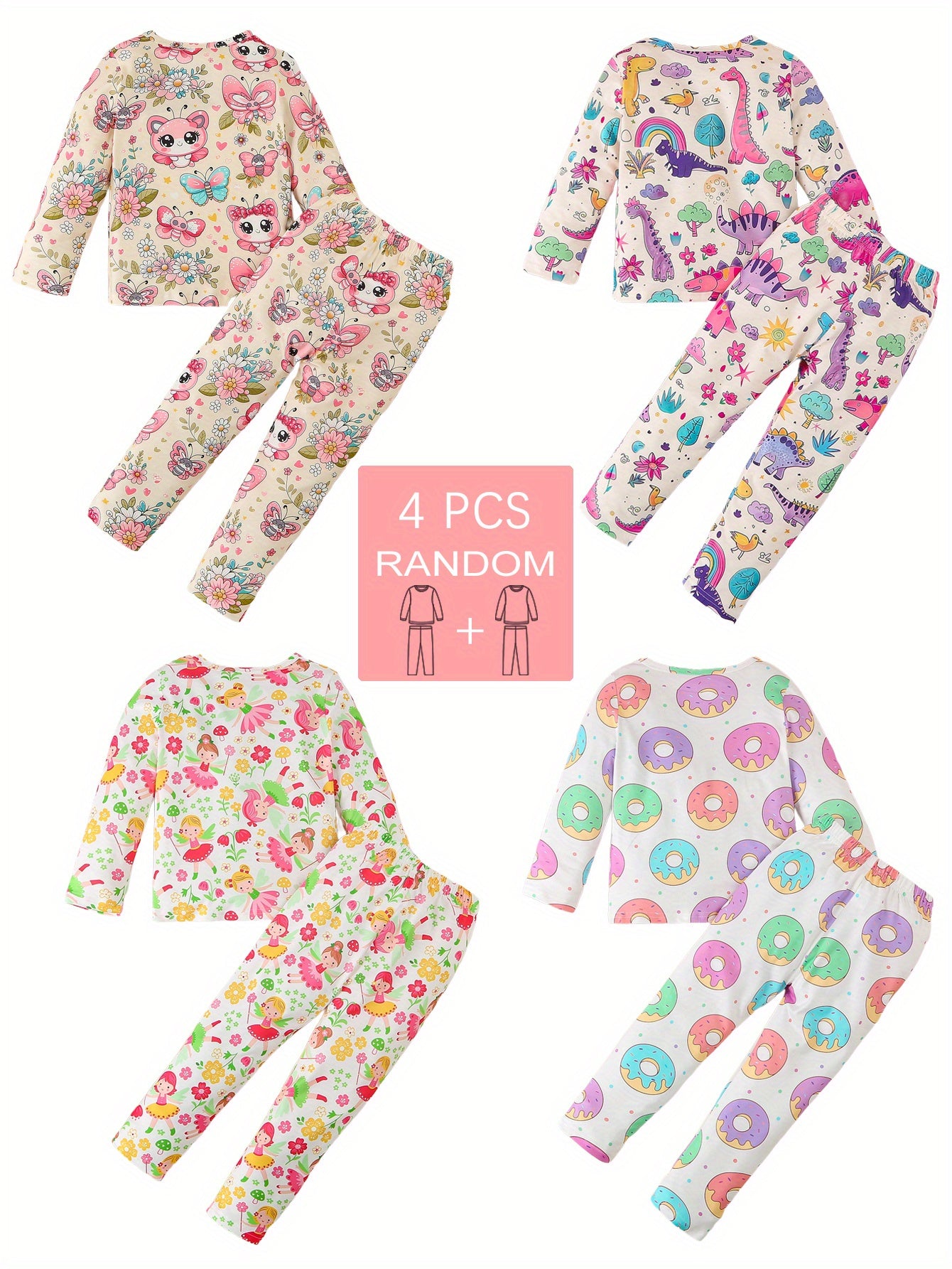 Girls' 4-piece pajama set with cute butterfly, girl, donut, and dinosaur patterns. Comfy for all seasons, made with stretchy polyester blend. Great daily gift.