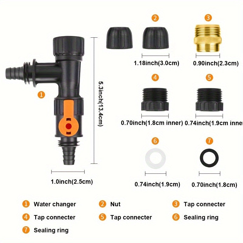 Aquarium water changer with diverter faucet connector and cleaning tools.