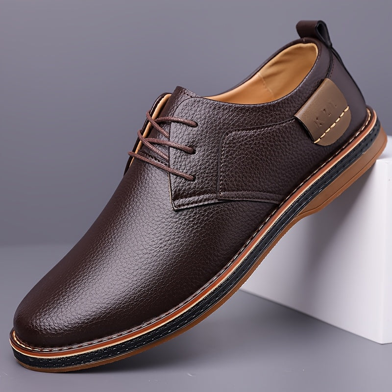 One pair of men's business casual shoes with hand stitched low top lace-up design, flat rubber sole, faux leather upper, inner lining and insole.