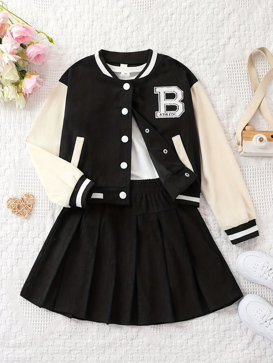 Girls 2-piece splicing long sleeve jacket + pleated skirt set for outdoor casual activities or as a gift.