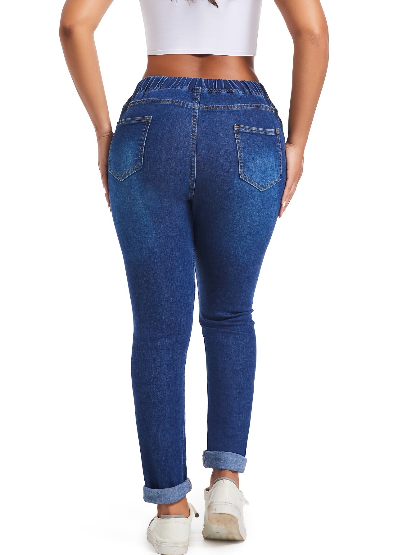 Vintage style women's plus size skinny jeans with drawstring waist, made of 49% polyester and 3.0% spandex denim.