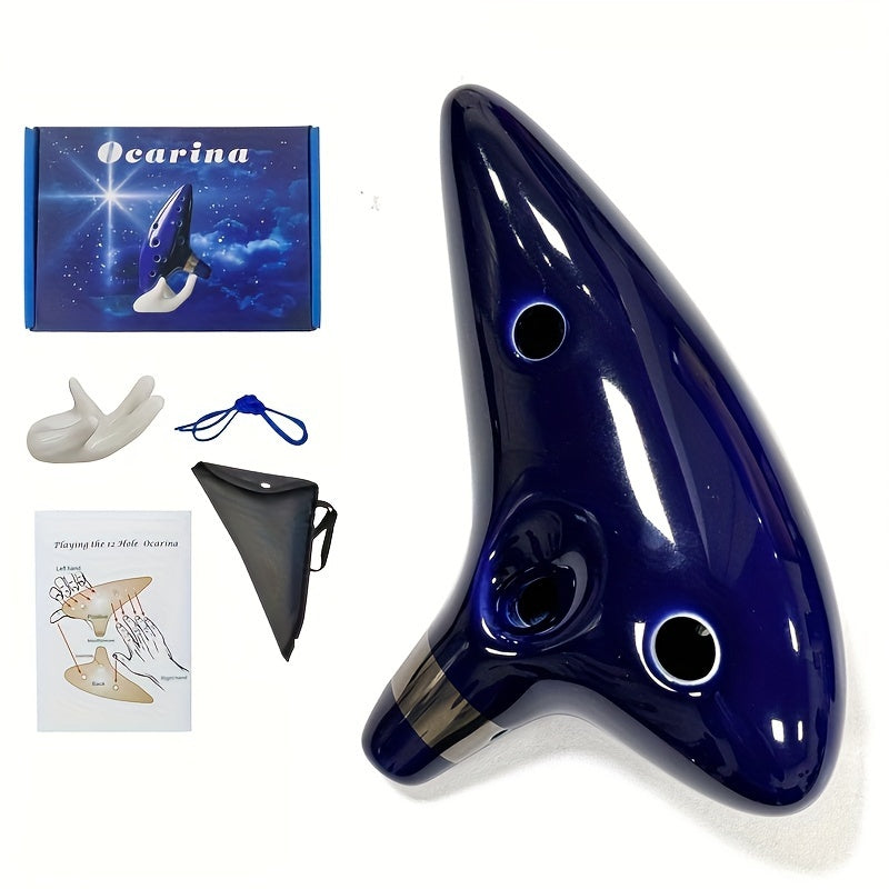 FF Bonfires 12 Hole Ceramic Ocarina Flute in Blue with Carrying Case and Accessories