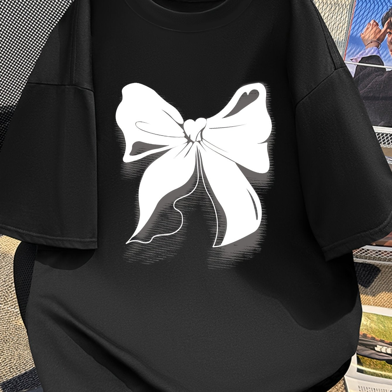 Women's Y2K Style Oversized White Bow Print Tee with Short Sleeves, Round Neck, Soft Fabric for Spring/Summer/Fall.