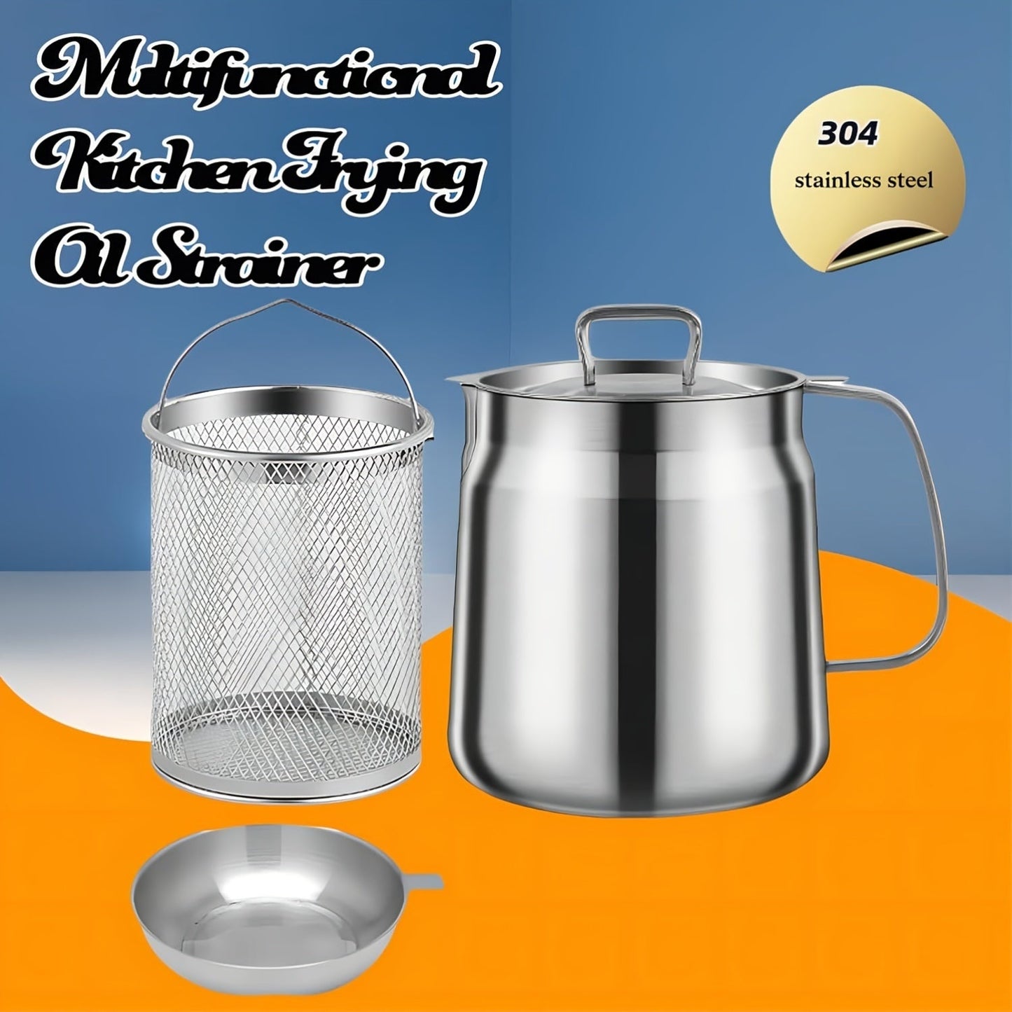 Large Capacity Oil Strainer Pot Set with Dust Cover and Fine Mesh Filter - 3 Pieces of 304 Stainless Steel - Kitchen Grease Keeper with Leakage Net for Fat Filtering, Storage, and Reuse - No Electricity Required