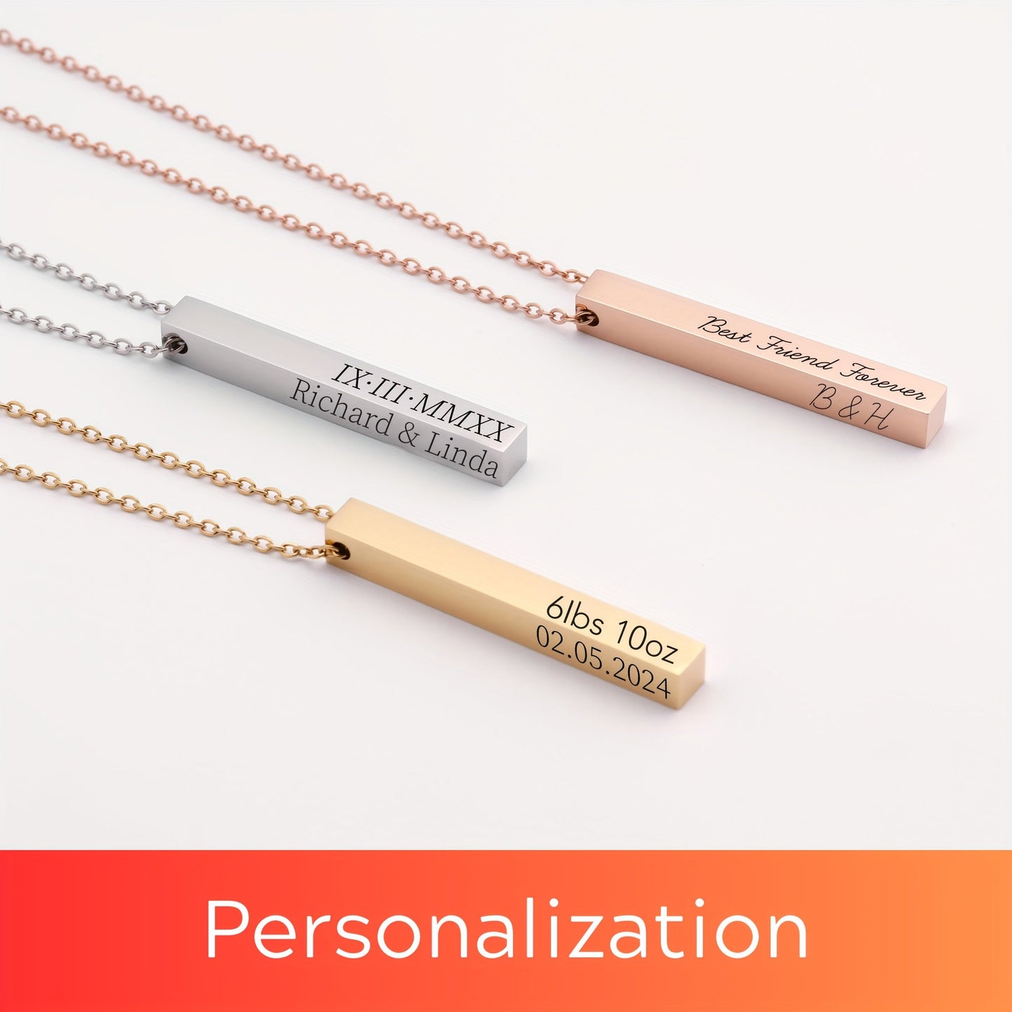 Elegant Custom Engraved Vertical Bar Necklace for Women - Personalized with Name and Date - Available in Gold, Silver, and Rose Gold - Stylish Alloy Jewelry for Everyday Wear or Gifting - 3D Design with Coordinates