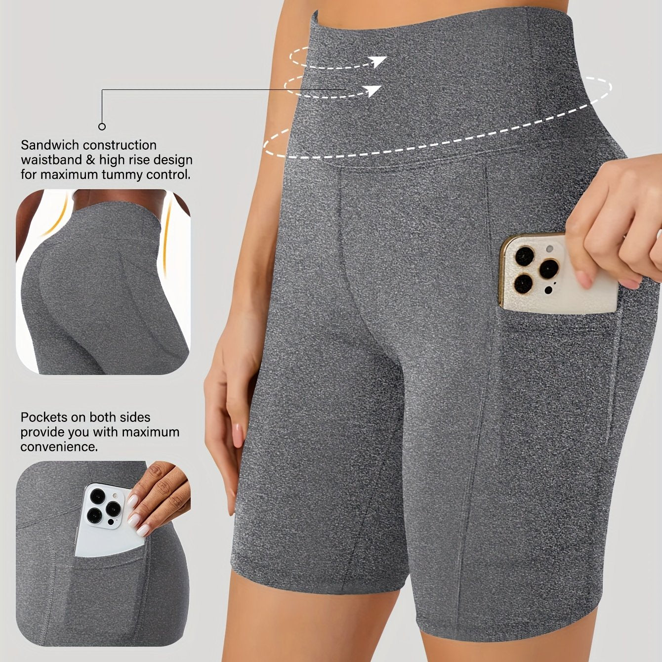 High-waist cycling shorts for women with side pockets, breathable and comfortable, perfect for fitness and outdoor activities.