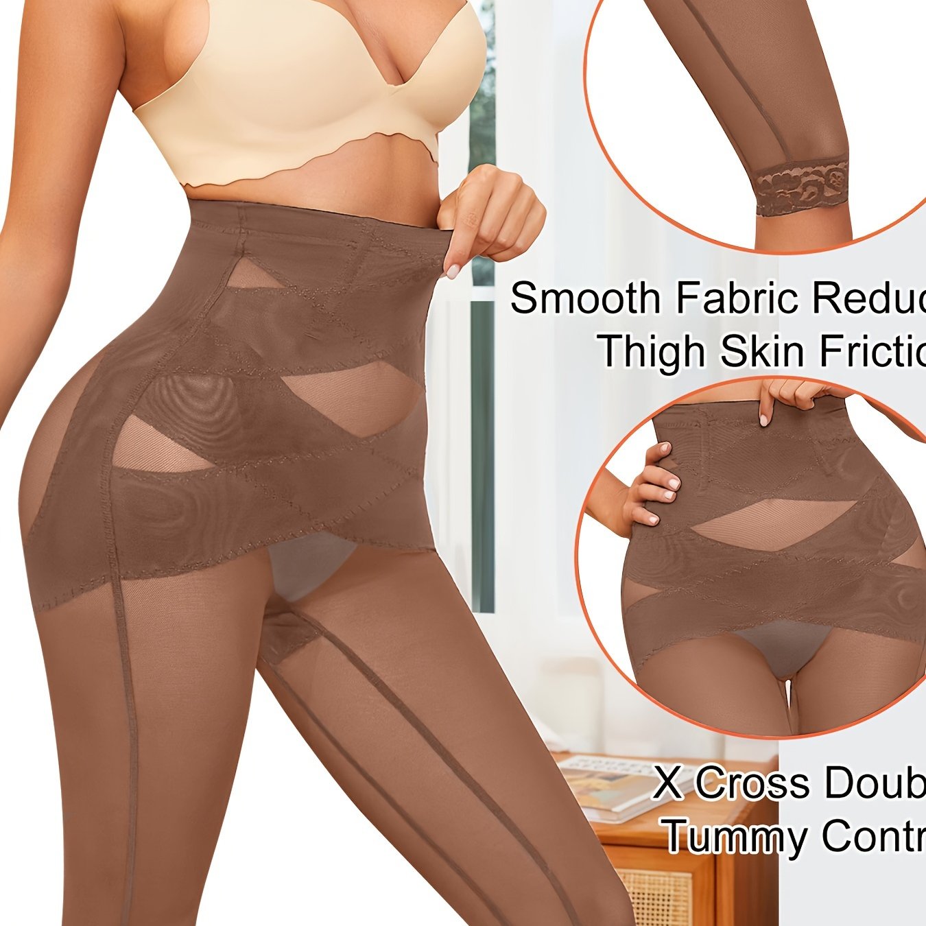 Women's high-waisted shapewear pants with semi-transparent waist, butt-lifting, random print lace design, suitable for daily wear and inner/outer wear.