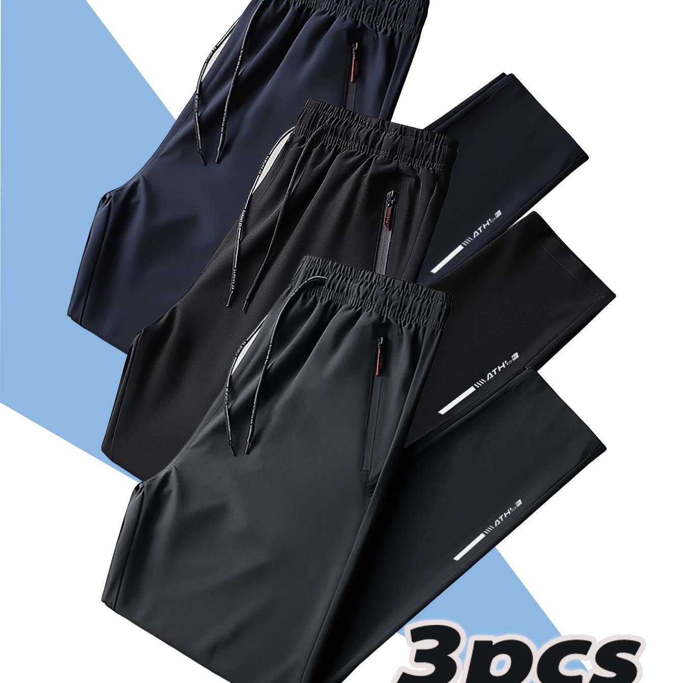 Three men's polyester sports track pants with zipper for running, training, hiking, and casual wear in spring/summer.