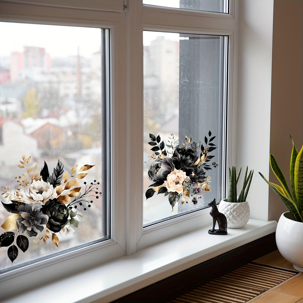 2 Elegant Floral Window Clings in Contemporary Black and Golden PVC - Decorative Glass Decals, Self-Adhesive and Removable Stickers for Displaying in Home and Office Windows, Window Decorations