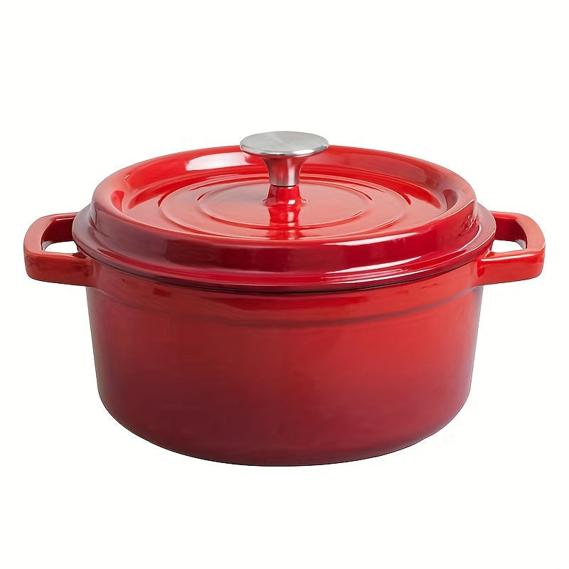 This Dutch oven is made of enameled cast iron and features convenient handles. It has a diameter of 18.2cm (7.16in), a height of 14cm (5.5in), a depth of 6.4cm (2.5in), and a capacity of 1.7kg. It is suitable for use on gas stoves.