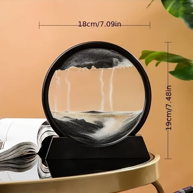 7-inch round glass frame with moving liquid sand picture depicting a 3D deep sea landscapes; no battery required.