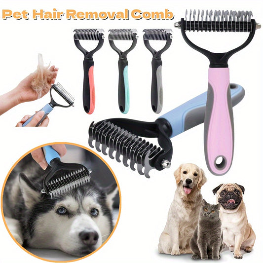 Dual-sided dog grooming brush removes knots and undercoat easily.