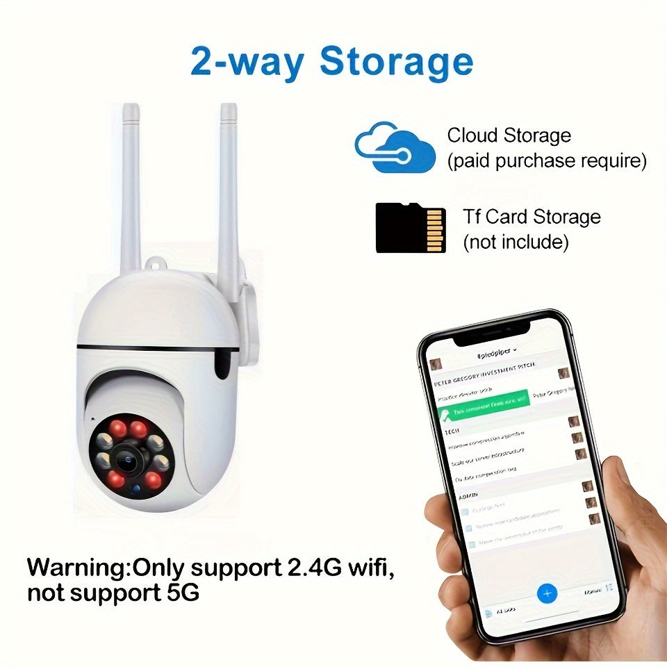 The 1080P Wireless Smart PTZ Camera features 2.4G WiFi connectivity, full color night vision, two-way audio, motion detection, and storage options including cloud and SD card. Ideal for home, office, and pet monitoring, this camera is not compatible with