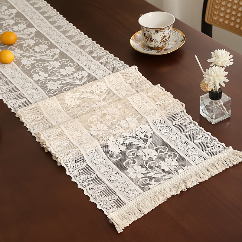 Long boho-chic lace table runner in farmhouse style, ideal for dining and bedroom decor, made of polyester blend.