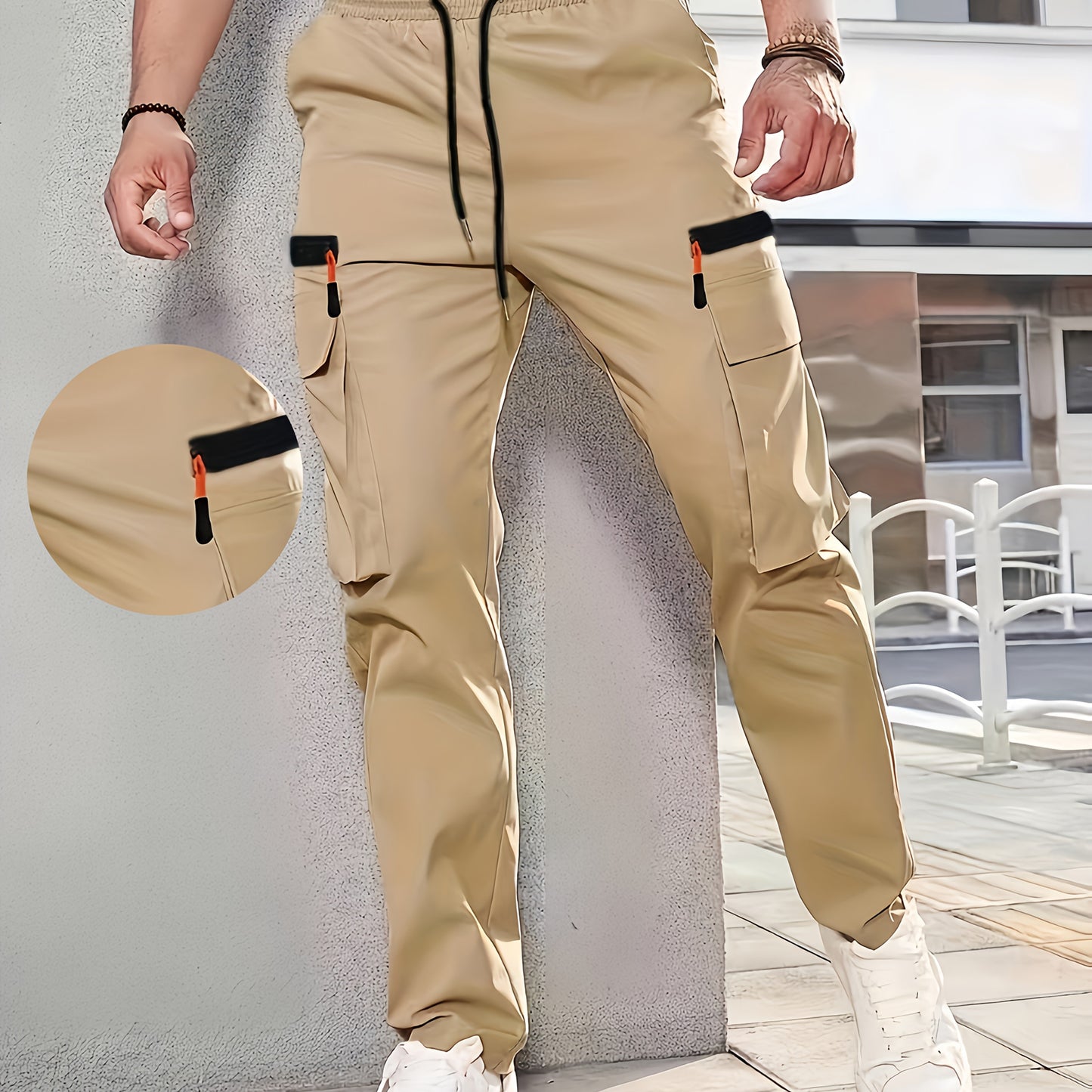 Men's casual cargo pants made of 100% polyester with an elastic waist, multi-pocket design, regular length, and loose fit for spring and fall wear.