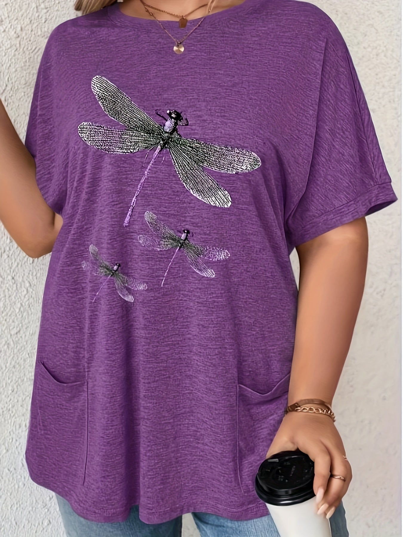 Stylish plus size women's t-shirt with dragonfly print, crew neck, short sleeves, pockets, stretchy polyester blend, machine washable.