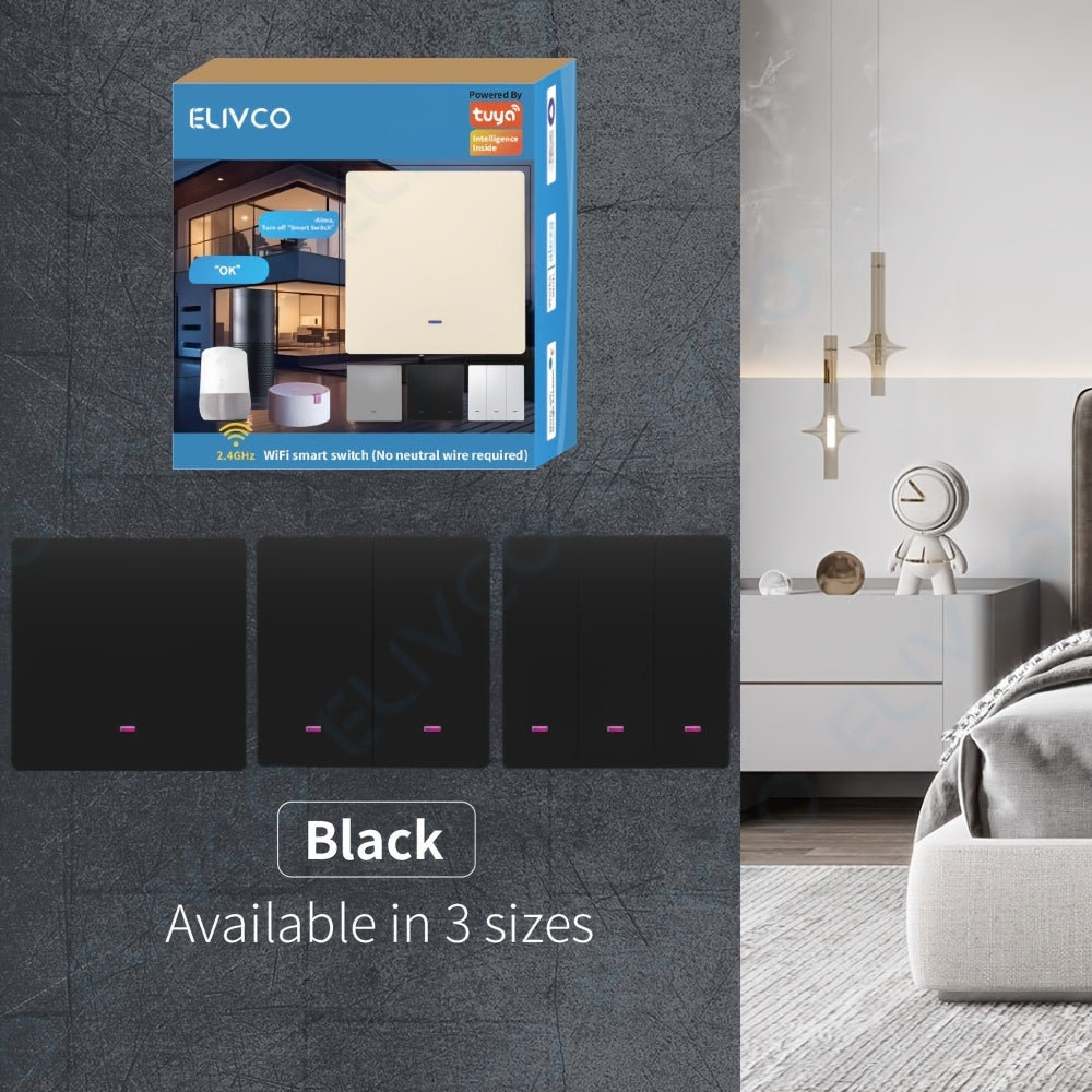 Elivco Smart Switch is Tuya Wi-Fi enabled, non-waterproof, flush mount device that is app controlled and voice compatible with Alexa and Google Home. It is designed for home automation and