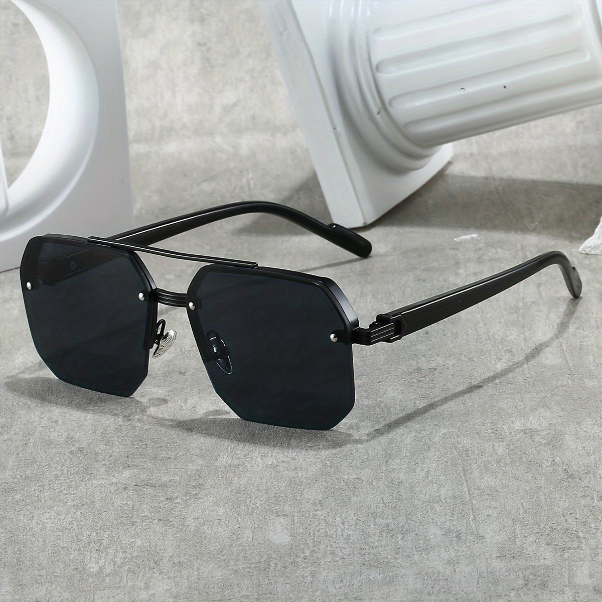 Half-frame square fashion glasses with sleek black alloy frame and PC lenses, perfect for daily wear and outdoor activities.