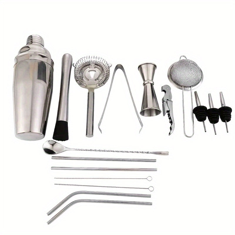 Essential Barware Tools Set - 18-Piece Stainless Steel Cocktail Shaker Set with Jigger, Pourer, Corkscrew, Muddler, Brush, Teardrop Bar Spoon, Garnish Tray, Straws - Complete Bartender Kit for Home, Bar, and Party Drink Mixing