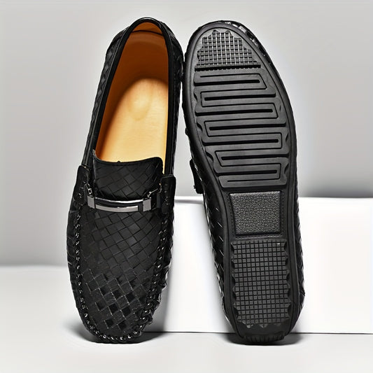 Breathable black slip-on loafers for men, featuring diamond pattern, bowknot design, and lightweight rubber sole for comfort in summer casual style.