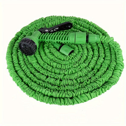 Vibrant green expandable garden hose in 7.62m/15.24m/22.86m/30.48m options, with multi-purpose sprayer. Great for yard watering and car washing with durable PP material.