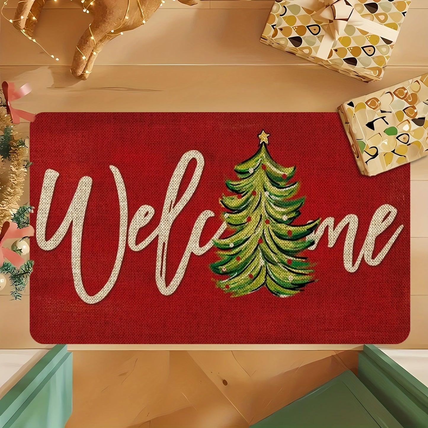 Get into the holiday spirit with our Christmas-themed doormat! Made from red polyester knit fabric, this machine-washable mat is non-slip, stain-resistant, and features medium pile with floral and striped patterns. It is quick-drying, waterproof