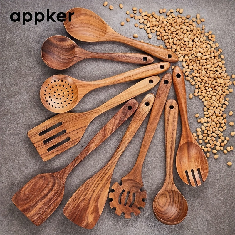 Set of 9 Acacia Wood Kitchen Utensils - Includes Cooking Spoons, Spatulas, Noodle & Fish Fryers - Made from Natural Wood, Food-Safe, Non-Stick, and Durable Cookware for All Ingredients