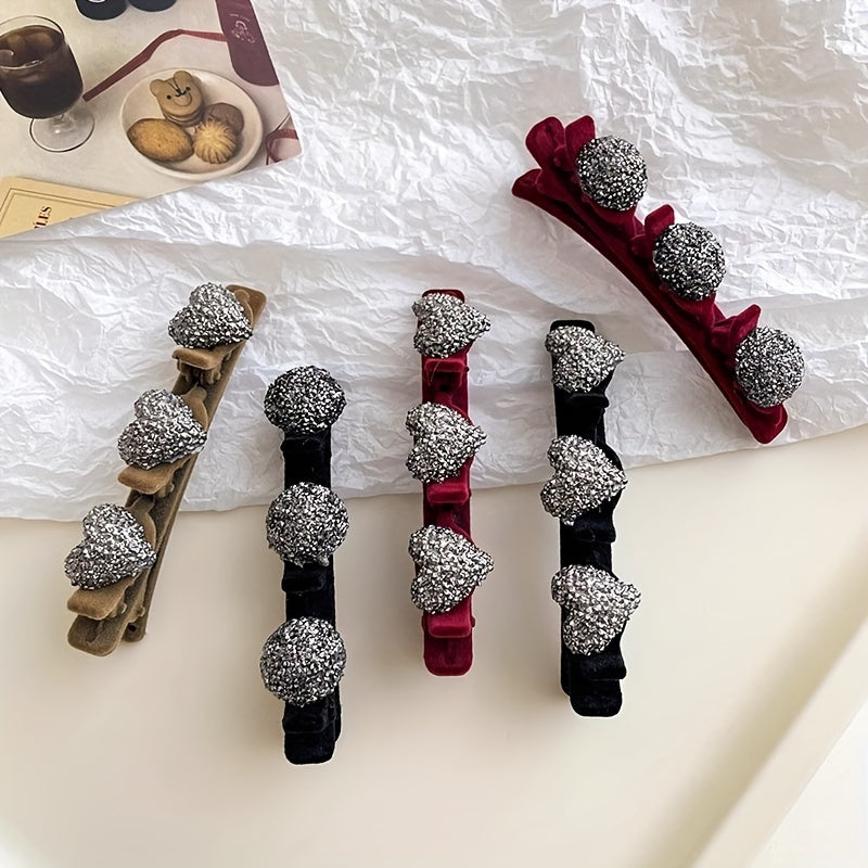 Set of 4 sparkling crystal stone braided hair clips for women, in duckbill hair barrette style.