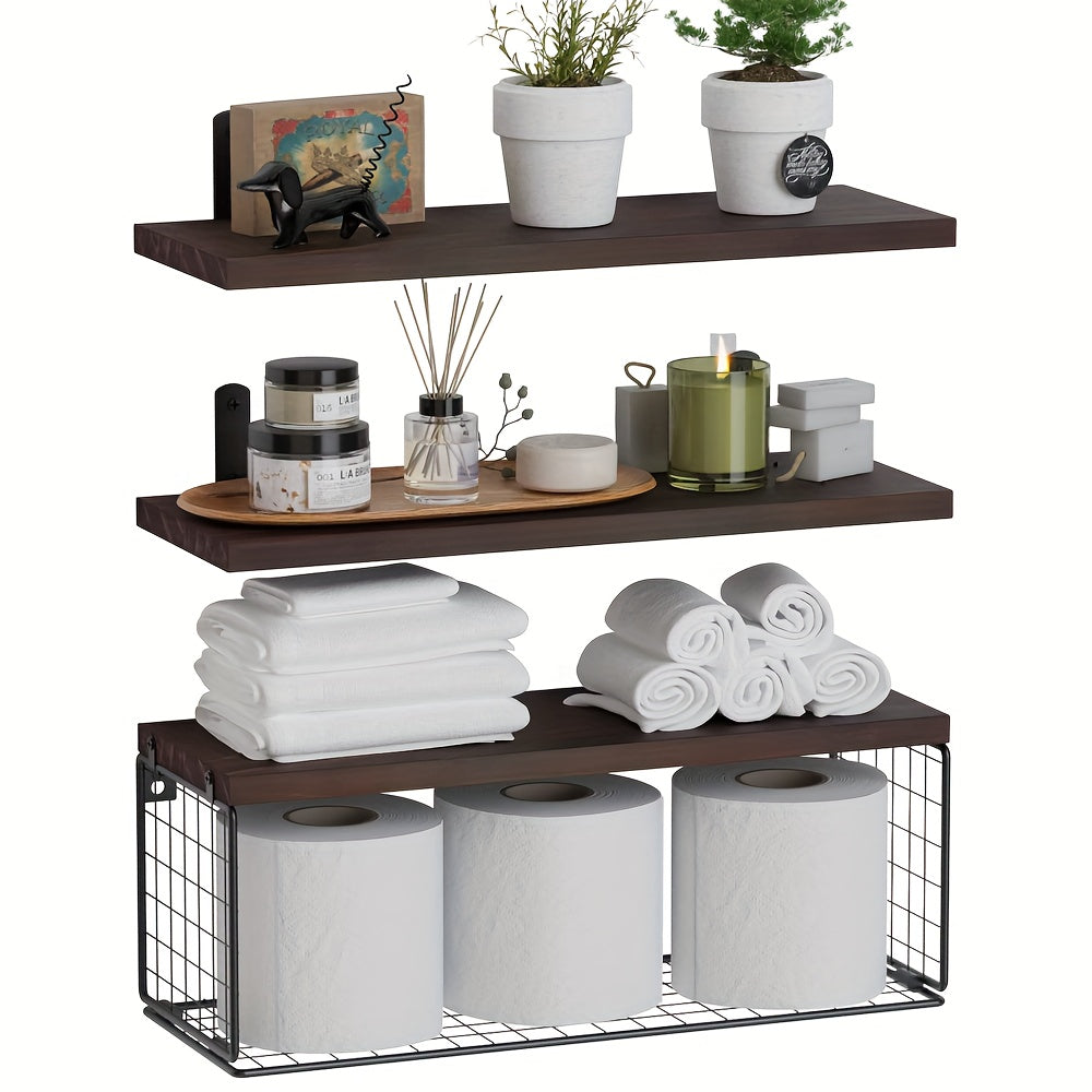 Solid Wood and Metal Wall Mounted Floating Shelves with Storage Basket for Bathroom Organization Over Toilet - Modern Open-Storage Shelves for Kitchen and Living Room Home Decor, Made with Durable Hardwood Construction.