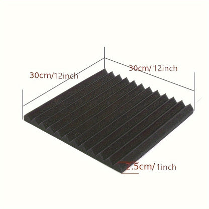 12 ta qora akustik ko'pik panellari qutisi, o'lchamlari 2.54 sm x 30.48 sm x 30.48 sm, studiyalar va uy ofislarida ovoz so'rish uchun. Yong'inga chidamli va reverb va echo'larni kamaytiradi. Akustikani yaxshilaydi.