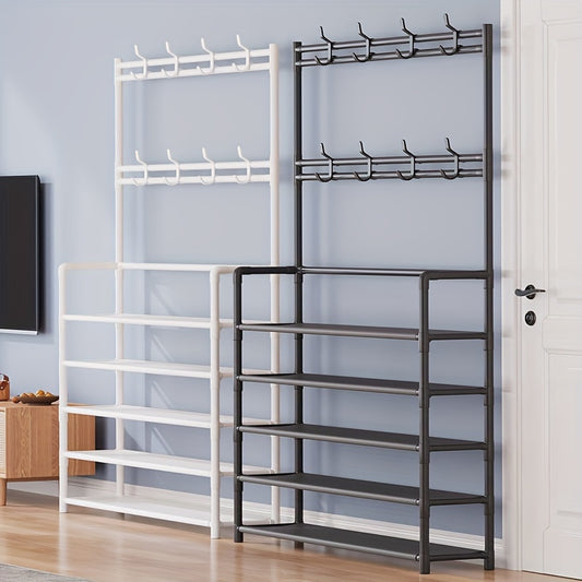 Three-in-one independent storage solution with 8 clothes hooks and a 4/5-layer shoe rack, suitable for various spaces.